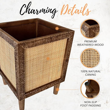 Autumn Alley Rustic Boho Large Indoor Planter - Rattan Planter Boxes Outdoor Set of 2 – Wooden Indoor or Outdoor Plant Box Stands – Decorative Square Woven Rattan Flower Pots for Home & Office