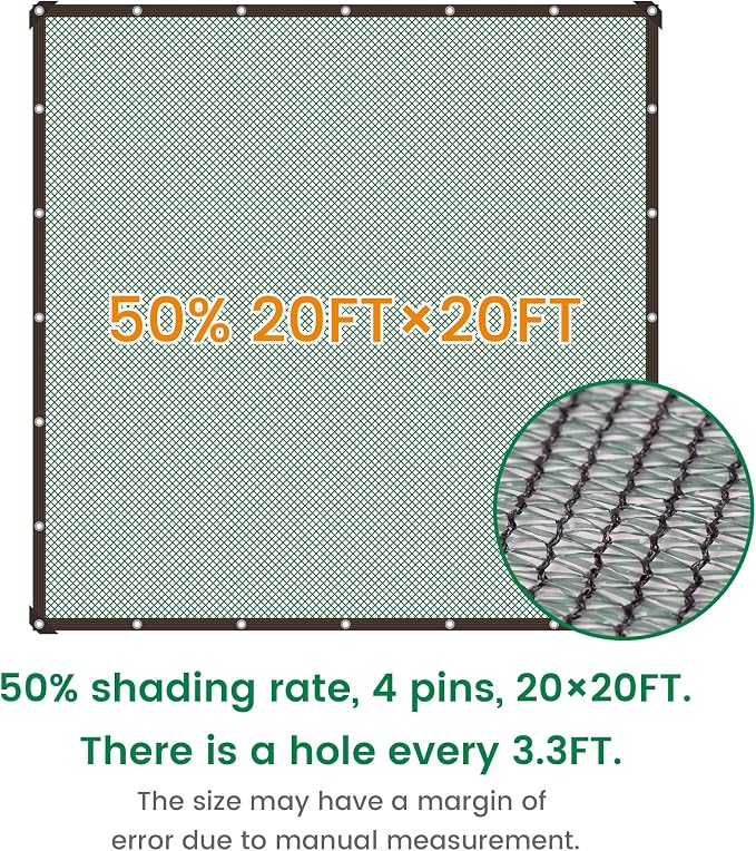 Shade Cloth, 20FT X 20FT 50% Green Outdoor Woven Sun Shade with Grommets, Durable Breathable Netting Shading Antifreezing for Patio, Garden, DIY Home, Plants Cover, Greenhouse, Dog Kennel
