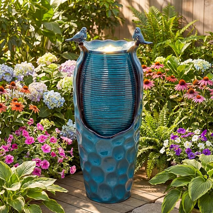 Autodaya 33" Vase Ceramic Outdoor Water Fountain with Lights and Birds | teal blue glazed water feature with textured design, ambient soothing cascading water flow for garden patio yard sanctuary