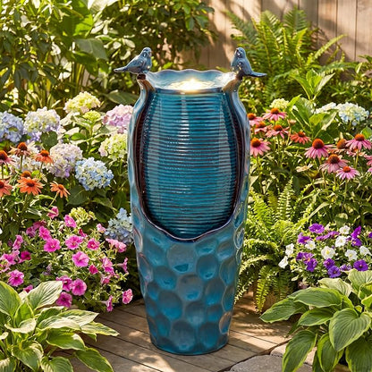 Autodaya 33" Vase Ceramic Outdoor Water Fountain with Lights and Birds | teal blue glazed water feature with textured design, ambient soothing cascading water flow for garden patio yard sanctuary