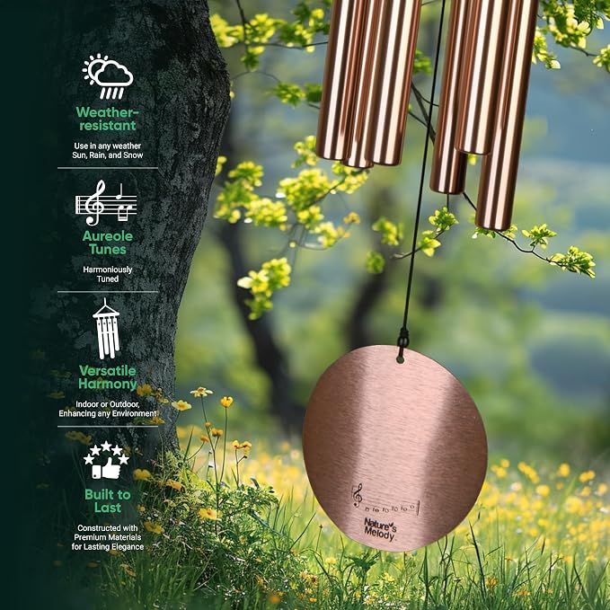 Nature’s Melody Aureole Tunes Wind Chimes – Outdoor Windchime with 6 Tubes Tuned to C Pentatonic Scale, 100% Rustproof Aluminum, Powder Finish & S Hook Hanger for Sympathy, Memorial Gift or Zen Garden