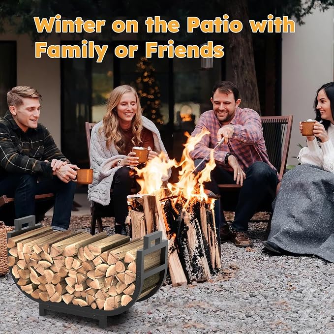 34 Inch Firewood Rack Outdoor Indoor with Handle and Log Carrier Bag, Stable Metal Wood Rack Heavy Duty Log Holder for Fireplace Patio Deck, Rustproof Firewood Storage Organizer Tool, Black