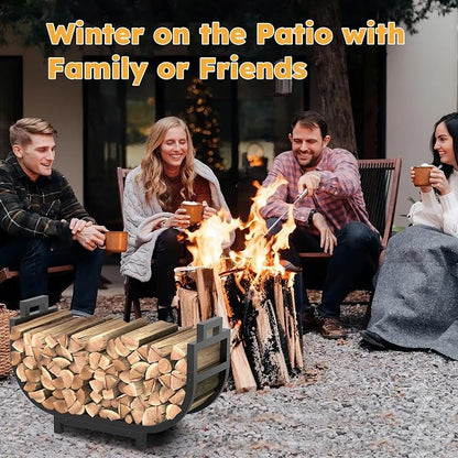 34 Inch Firewood Rack Outdoor Indoor with Handle and Log Carrier Bag, Stable Metal Wood Rack Heavy Duty Log Holder for Fireplace Patio Deck, Rustproof Firewood Storage Organizer Tool, Black