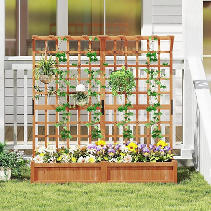 72" Raised Garden Bed with Lattice Trellis, Hanging Roof & Drainage Holes, Elevated Wooden Planter Box for Vine Climbing Plant, Flower, Herb & Vegetable