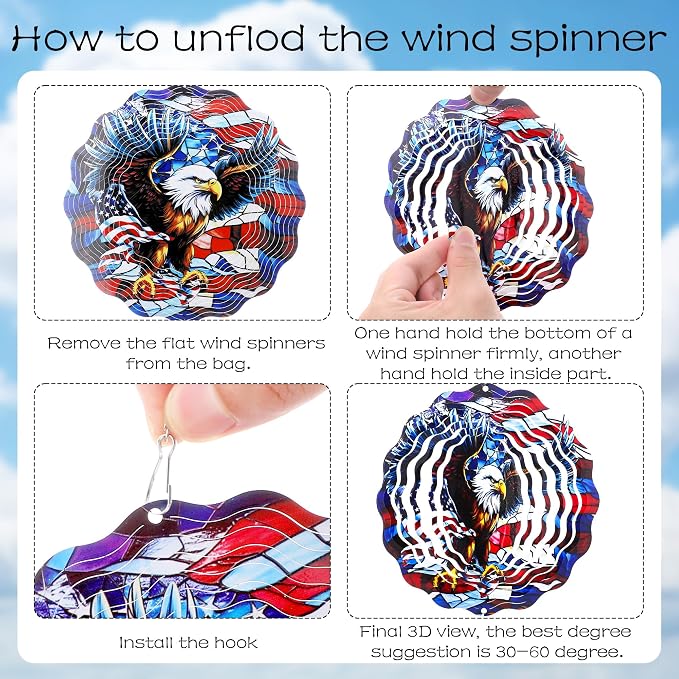 American Eagle Wind Chimes - Metal Flag Windchime with 3D Wind Spinners Indoor Outdoor Art Hanging for Garden Patio Lawn Yard Balcony Home 250 Anniversary Patriotic Decor Gift for Friends