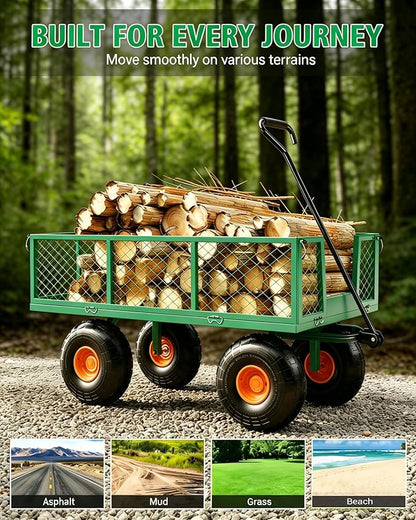 Garvee Steel Garden Cart, 500 LBS Capacity Utility Outdoor Wagon, Heavy Duty Mesh Garden Metal Wagon with Removable Sides, Flexible Handle for Yard, Lawn, Garden