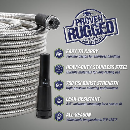 RUGGED RHINO Metal Garden Hose with Spray Nozzle, 100FT, 304 Stainless Steel, 750 PSI Burst Strength, Heavy Duty Flexible Water Hose, Kink Resistant, Leakproof for Yard, Lawn and Outdoor Use, Silver