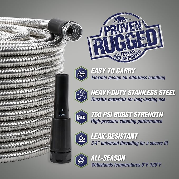 RUGGED RHINO Metal Garden Hose with Spray Nozzle, 304 Stainless Steel, 750 PSI Burst Strength, Heavy Duty Flexible Water Hose, Kink Resistant, Leakproof for Yard, Lawn and Outdoor Use, Silver 25FT