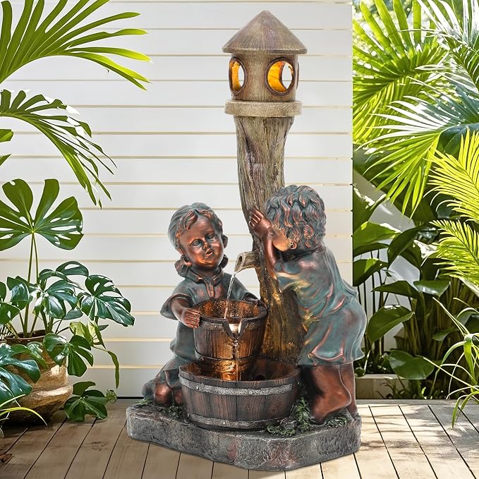 AUTODAYA 31" Boy and Girl Outdoor Fountain LED 3-Tier Cascading Waterfall | hand-painted bronze, nostalgic barrel and children design, patio yard Porch Garden
