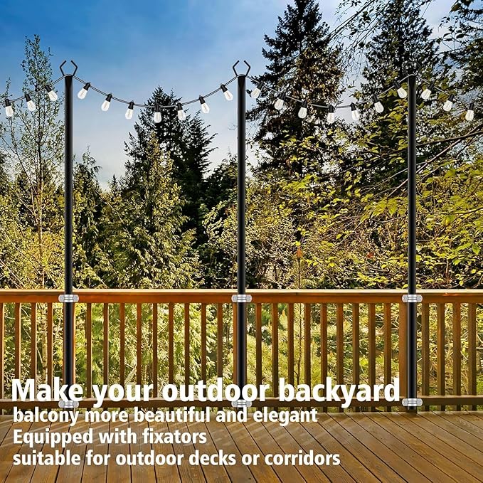 AILBTON 10Ft String Light Poles 10 Pack,Light Poles for Outside Lights,Outdoor with Fence Brackets Hanging Lights,Metal Stand Deck Patio Backyard