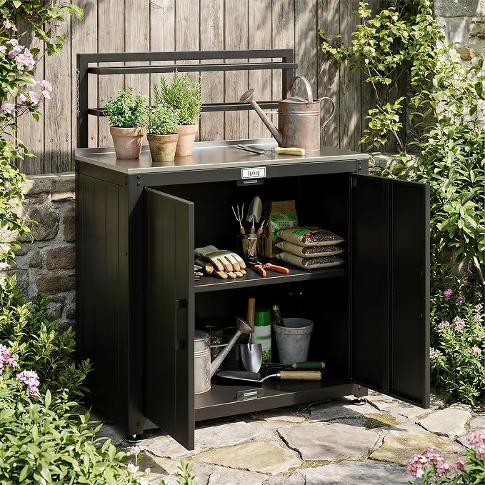 Feasto Outdoor Potting Bench Table with Storage Cabinet, Black | Stainless Steel Garden Workstation, Raised-Edge Top, Adjustable Shelf & Removable Hutch, Patio, Balcony & Outdoor Workspace