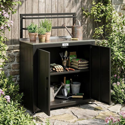 Feasto Outdoor Potting Bench Table with Storage Cabinet, Black | Stainless Steel Garden Workstation, Raised-Edge Top, Adjustable Shelf & Removable Hutch, Patio, Balcony & Outdoor Workspace