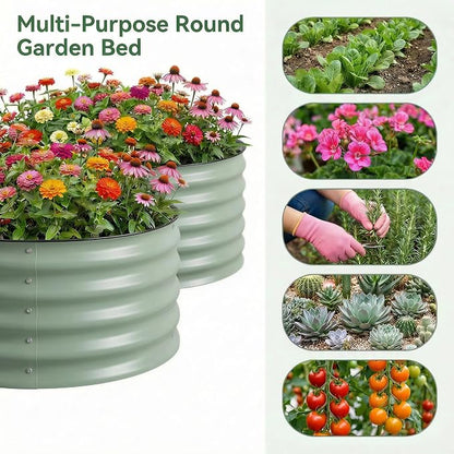 Sponvatt 1Pcs Round Galvanized Raised Garden Bed Kit 24 x 12 Inch Metal Planter Box Outdoor with Safety Rubber Edge Trim Rust Proof Weather Resistant Circular Steel Garden Beds Sage Green 12 Inch Deep