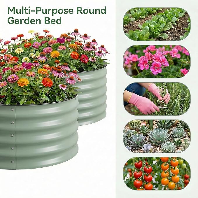 SPONVATT 3Pcs Round Galvanized Raised Garden Bed Kit 24 x 12 Inch Metal Planter Box Outdoor with Safety Rubber Edge Trim Rust Proof Weather Resistant Circular Steel Garden Beds Sage Green 12 Inch Deep
