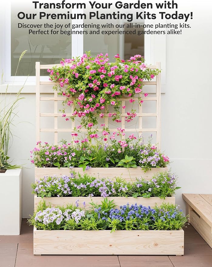 Vertical Wooden Garden Planter with Trellis – 3-Tier Raised Bed for Climbing Plants, Vegetables, Herbs & Fruits – Open Base Design for Improved Drainage – Ideal for Patio, Deck, or Backyard