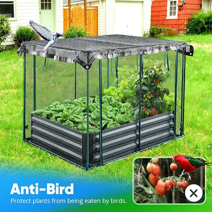 Quictent Galvanized Raised Garden Bed with Crop Cage Plant Protection Net Tent and Shade Cloth Kit Metal Planter Box Bottomless Planting Vegetables Outdoor Backyard Included T Tags Wing Nuts 4x3x1 Ft