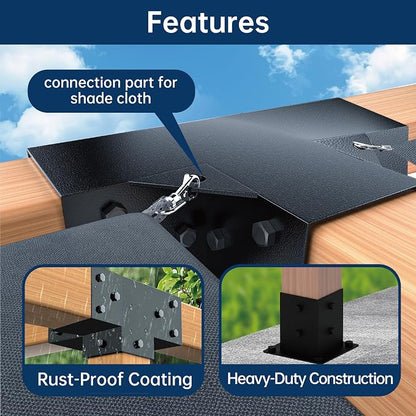Pergola Bracket Kit 4x4, 2pcs 4-Way Heavy Duty Corner Bracket and 2pcs Base, Used to Connect Extended Pavilion Wooden Beams, for Gazebo, Patio Pergolas, Log Cabin Outdoor, Wood Stand Sheds