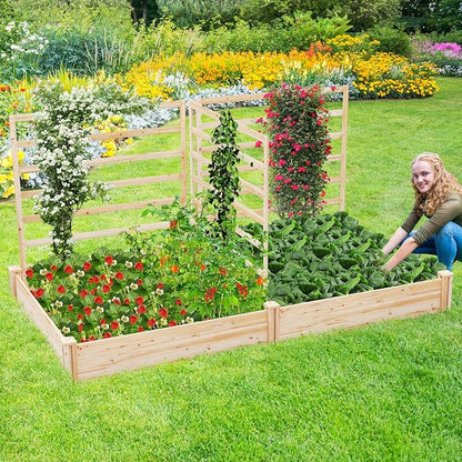 HAPPYGRILL Raised Garden Bed with 3 Trellises, Outdoor Wood Raised Bed w/ 2 Planter Boxes for Flowers, Vegetables, Fruits Climbing Vines, Elevated Garden Box for Yard Patio, 88" L x 45" W x 43" H