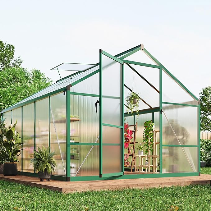 Garvee 8 x 10 FT Greenhouse, Greenhouses for Outside, Polycarbonate Greenhouse with Aluminum Frame, Lockable Door and Ajustable Roof Vent for Backyard, Green Houses for Outside Garden Backyard, Patio