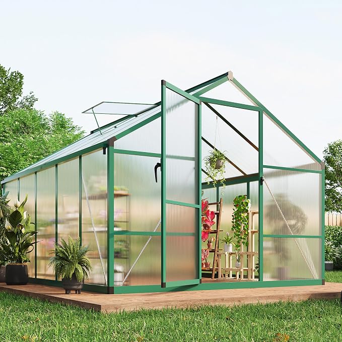 Garvee 8 x 10 FT Greenhouse, Greenhouses for Outside, Polycarbonate Greenhouse with Aluminum Frame, Lockable Door and Ajustable Roof Vent for Backyard, Green Houses for Outside Garden Backyard, Patio