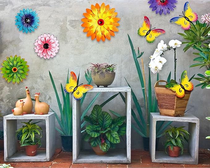 Gisafai 10 Pack Metal Flower Wall Decor Outdoor, 3D Daisy and Butterfly Metal Garden Wall Art, Colorful Fence Decorations for Patio Backyard Balcony Porch, Summer Housewarming Gift(Fashion)