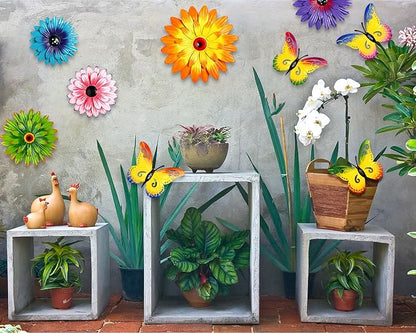 Gisafai 10 Pack Metal Flower Wall Decor Outdoor, 3D Daisy and Butterfly Metal Garden Wall Art, Colorful Fence Decorations for Patio Backyard Balcony Porch, Summer Housewarming Gift(Fashion)