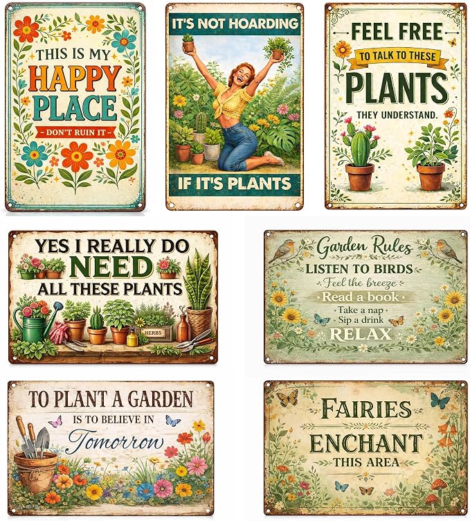 7 Pcs Vintage Garden Metal Signs Retro Garden Wall Decor – Rustic Farmhouse Signs for Home, Patio, Greenhouse & Plant Lover Gifts (12x8 Inch)