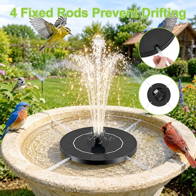 3.5W Solar Fountain Pump, Solar Bird Bath Fountain with 6 Green & 6 Black Nozzles, Solar Water Pump for Outdoor Garden Patio Small Pond Fish Tank Landscape Decoration