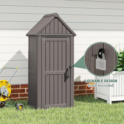 Bifanuo Deck Box Storage Shed Outdoor Storage Cabinet, Vertical Waterproof Resin Material Plastic Shed with Removable Shelves, 12 Hooks and Lock Ring for Garden, Pool and Patio (Grey)