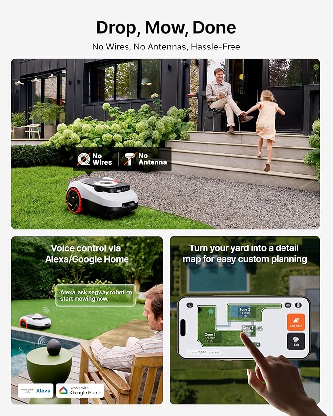 Segway Navimow i215 LiDAR Robot Lawn Mower, Wire Free Robotic Lawn Mower for 0.37 Acre, LiDAR & Vision Dual Fusion, Auto Mapping, Off-Road Wheels for 45% Slopes, Quiet 59 dB(A) Mowing