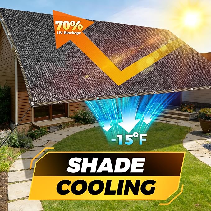JOJOLEE 70% Sun Shade Cloth, 10x16FT Shade Net Mesh Tarp with Grommets, Black Sunblock Cover for Outdoor Patio Plants, Pergola, Greenhouse, Chicken Coop, Backyard, Balcony