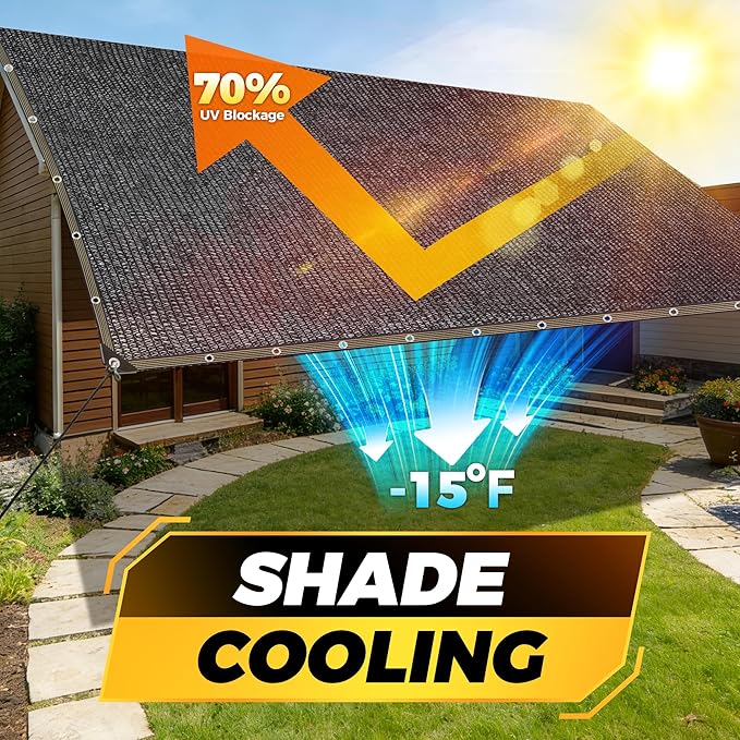 JOJOLEE 70% Sun Shade Cloth, 20x20FT Shade Net Mesh Tarp with Grommets, Black Sunblock Cover for Outdoor Patio Plants, Pergola, Greenhouse, Chicken Coop, Backyard, Balcony