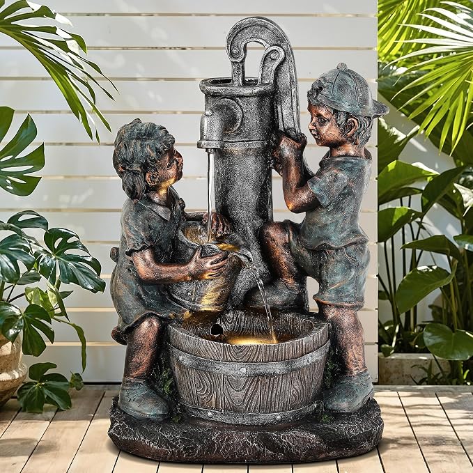 26" Boy and Girl Outdoor Fountain LED 3-Tier Cascading Waterfall | bronze finish, children drawing water scene, patio garden Porch