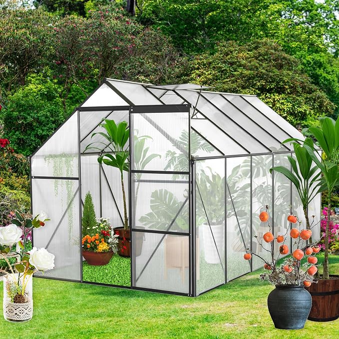 6x12 FT Polycarbonate Greenhouse with Raised Base and Anchor Aluminum,Heavy Duty Walk-in Green Houses,w/ Drainage System & Adjustable Roof/Sliding Door,for Outdoor Backyard,Black