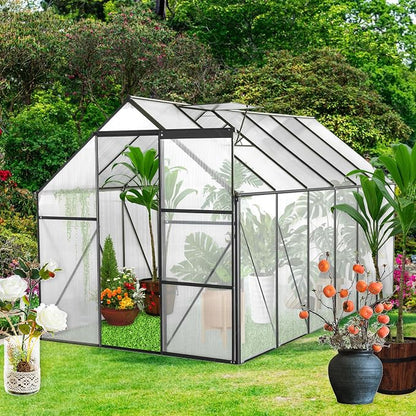 6x12 FT Polycarbonate Greenhouse with Raised Base and Anchor Aluminum,Heavy Duty Walk-in Green Houses,w/ Drainage System & Adjustable Roof/Sliding Door,for Outdoor Backyard,Black
