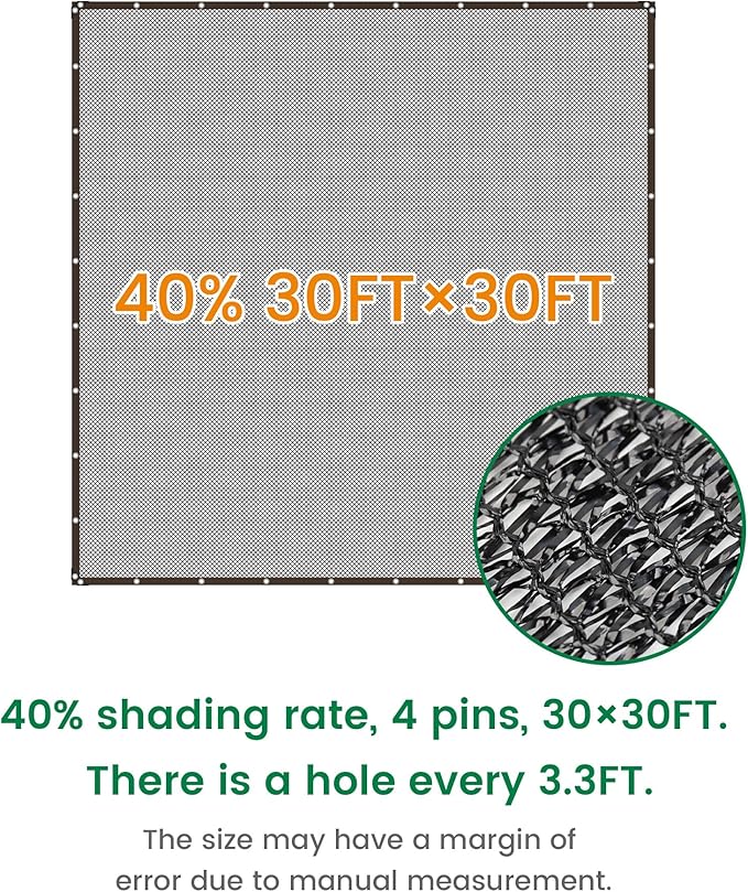 Shade Cloth, 30FT X 30FT 40% Black Outdoor Woven Sun Shade with Grommets, Durable Breathable Netting Shading Antifreezing for Patio, Garden, DIY Home, Plants Cover, Greenhouse, Dog Kennel