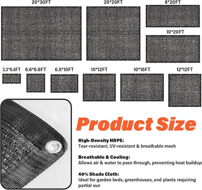 JOJOLEE 40% Sun Shade Cloth, 20x30FT Shade Net Mesh Tarp with Grommets, Black Sunblock Cover for Outdoor Patio Plants, Pergola, Greenhouse, Chicken Coop, Backyard, Balcony