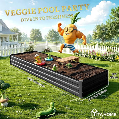 YITAHOME 6pcs 12x4x1 ft Galvanized Raised Garden Bed Kit, Large Metal Planter Box with Gloves, Safety Rubber & Support Rod, Outdoor Flower Bed for Plants Vegetables, Black