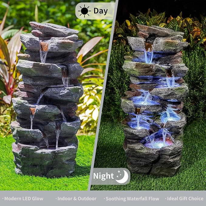 Rock Waterfall Outdoor Fountain with LED Lights, Tiered Resin Garden Water Fountain with Pump, Cascading Stone Look Water Feature for Patio Lawn Backyard Porch Decor