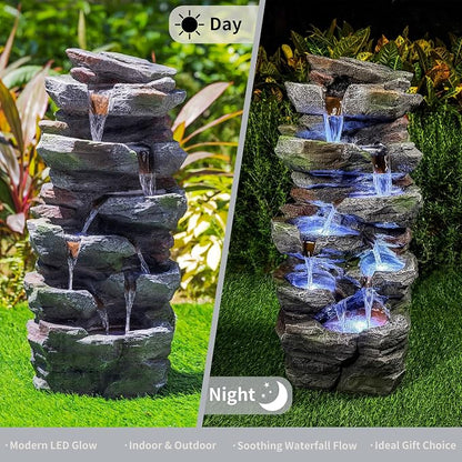 Rock Waterfall Outdoor Fountain with LED Lights, Tiered Resin Garden Water Fountain with Pump, Cascading Stone Look Water Feature for Patio Lawn Backyard Porch Decor