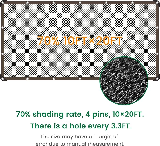 Shade Cloth, 10FT X 20FT 70% Black Outdoor Woven Sun Shade with Grommets, Durable Breathable Netting Shading Antifreezing for Patio, Garden, DIY Home, Plants Cover, Greenhouse, Dog Kennel