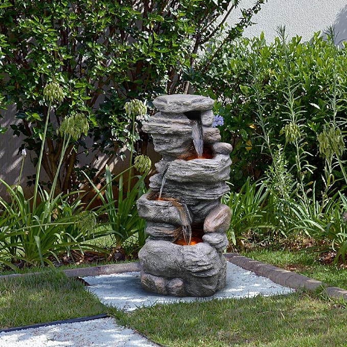 Teamson Home 39.37 in. Outdoor Faux Stacked Stone 4-Tier Water Fountain with LED Lights and Pump, Gray | Faux Stone, Patio Waterfall Feature, LED Lights & Pump, For Yard, Deck, Landscaping