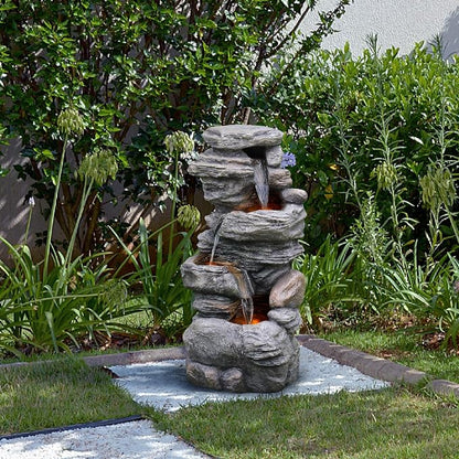 Teamson Home 39.37 in. Outdoor Faux Stacked Stone 4-Tier Water Fountain with LED Lights and Pump, Gray | Faux Stone, Patio Waterfall Feature, LED Lights & Pump, For Yard, Deck, Landscaping