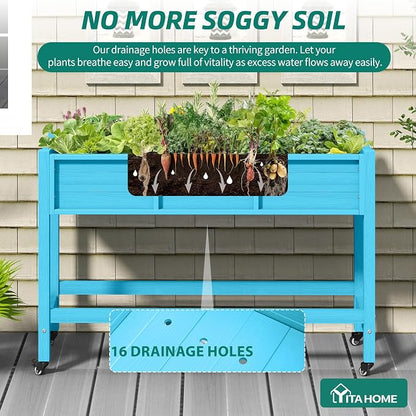 YITAHOME Raised Garden Bed HDPE, 47x18x31In Raised Flower Bed Poly-Wood Weather-Resistant Elevated Planter Box with Lockable Wheels for Vegetables, Aruba Blue