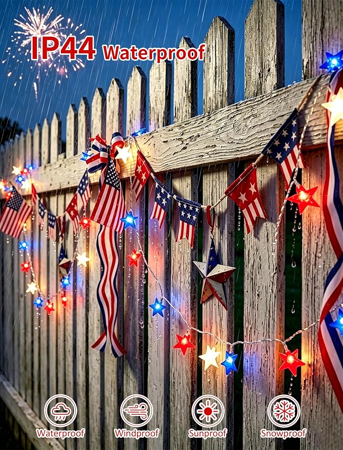 12Ft 4th of July String Lights, 20L LED Red White and Blue Star Lights Plug in for Patriotic Home Porch Mantel Classroom Backyard Tree Decor, Independence Day Decorations, Indoor and Outdoor Use
