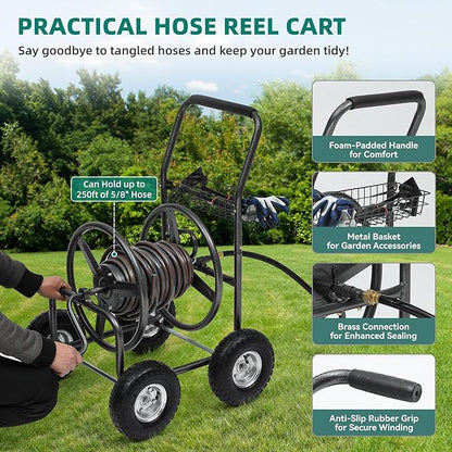 Hose Reel Cart, Holds 250 ft of 5/8" Hose, Heavy Duty Industrial Garden Water Hose Reel with 4 Wheels, Storage Basket, Powder-Coated Steel Frame for Lawn, Yard, Garden, Outdoor