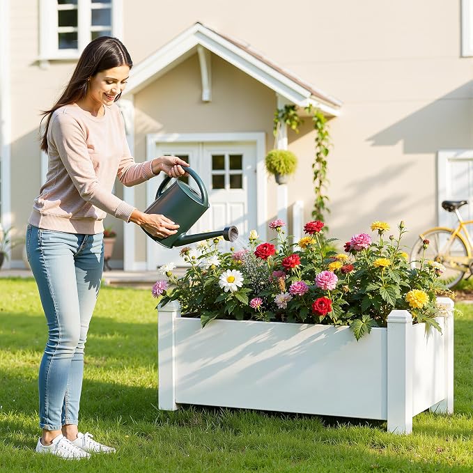 PatioZen 14 Gallon Raised Garden Bed, Self-Watering Raised Planter Box with Drainage Plug & Gauge for Vegetables Flowers Herbs Succulents, Rustproof Resin for Backyard Patio Porch (Ashen)