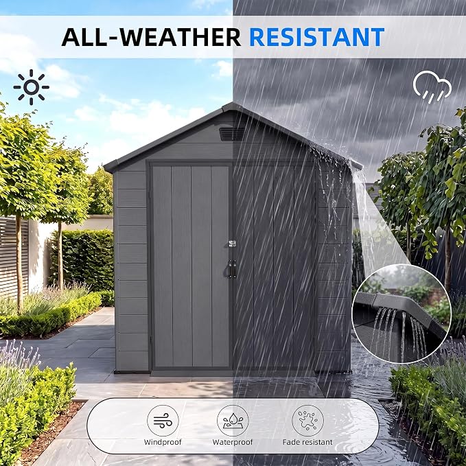 Greesum 6x10FT Plastic Storage Shed with Floor, Resin Outdoor Storaged Sheds with Lockable Double Door, Window and Vents, All-Weather Tool Sheds for Patio, Garden, Backyard, Dark Gray