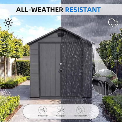 Greesum 6x10FT Plastic Storage Shed with Floor, Resin Outdoor Storaged Sheds with Lockable Double Door, Window and Vents, All-Weather Tool Sheds for Patio, Garden, Backyard, Dark Gray