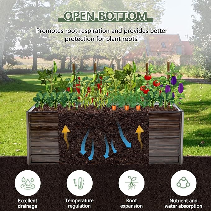 Galvanized Raised Garden Beds 6x3x2FT Outdoor Planter Boxes with Safety Edging and Gloves Metal Garden Bed Kit for Vegetables Flower and Fruits (Brown Wood Grain